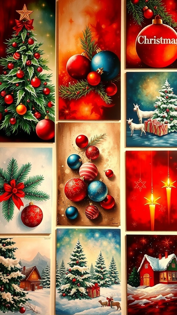 A collection of Christmas paintings in red and green, featuring a decorated tree and festive scenes.